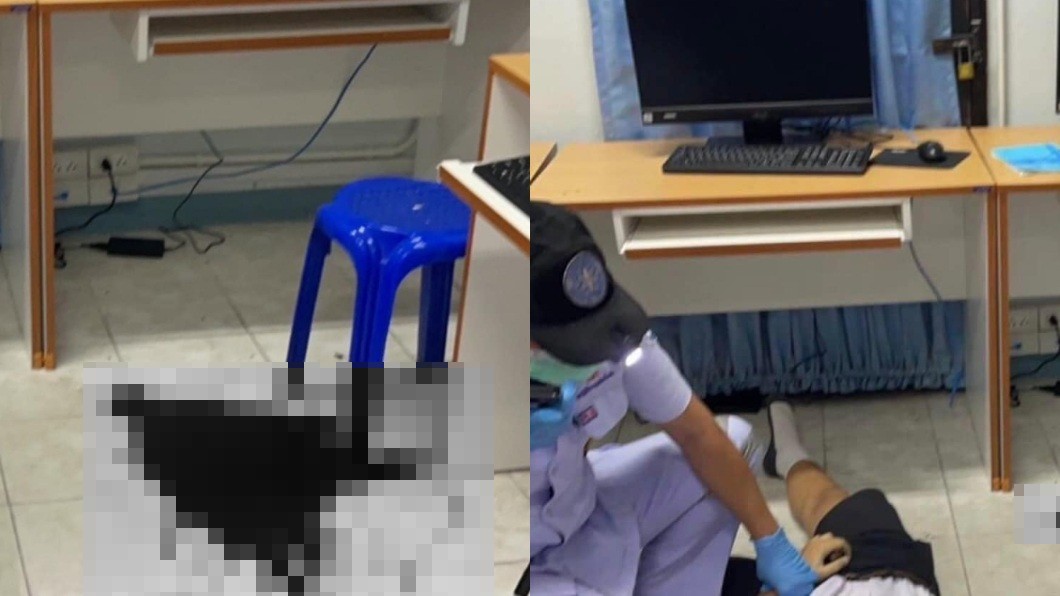 碎片四濺結果導致一名男學生閃避不及臉部遭轟爛倒臥血泊。(圖/翻攝自臉書Woraphon Tati)
