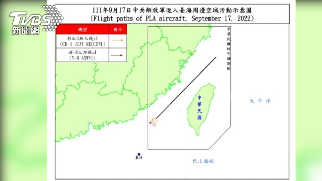 國防部證實今日共軍25機艦擾台,其中首見「彩虹4」無人機。(圖/國防部提供)