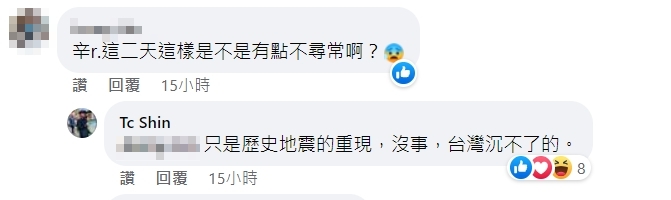 辛在勤表示,「台灣沉不了」。(圖/翻攝自辛在勤臉書)