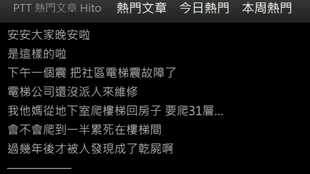 原PO因電梯故障發文求助網友。（圖／翻攝自PTT）