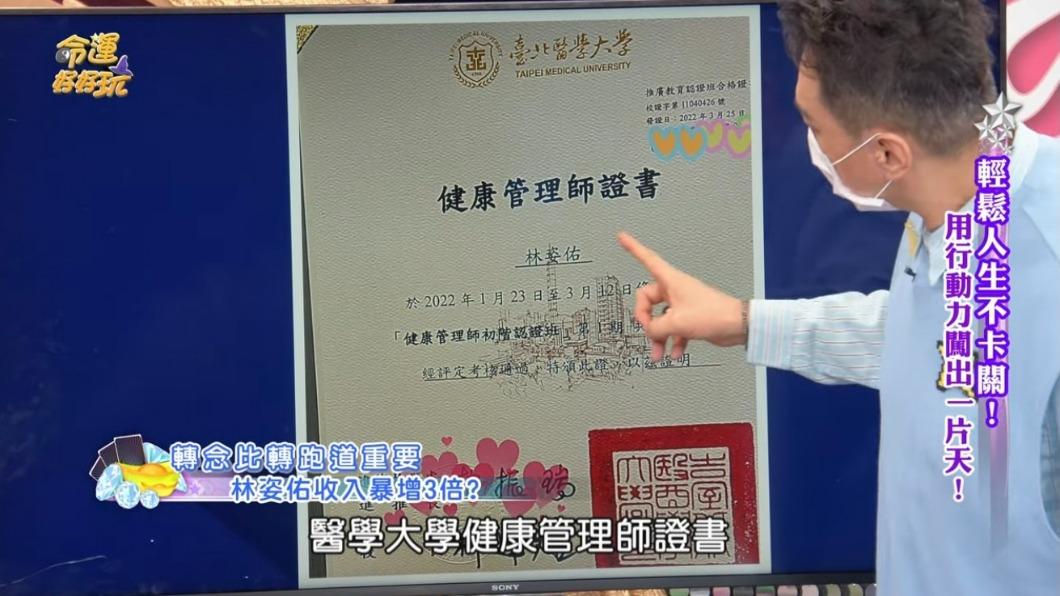 林姿佑今年考到台北醫學大學健康管理師證書。(圖/翻攝自命運好好玩YouTube頻道)