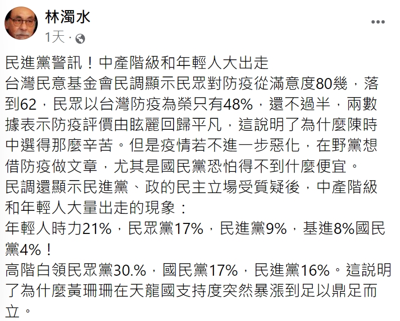 林濁水認為中產階級和年輕族群出走,是民進黨一大警訊。(圖/翻攝自林濁水臉書)