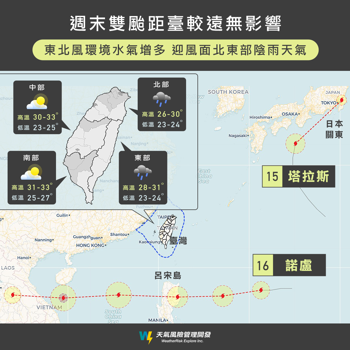 雖然台灣附近海域有兩個颱風,但無影響。(圖/翻攝自天氣風險臉書)