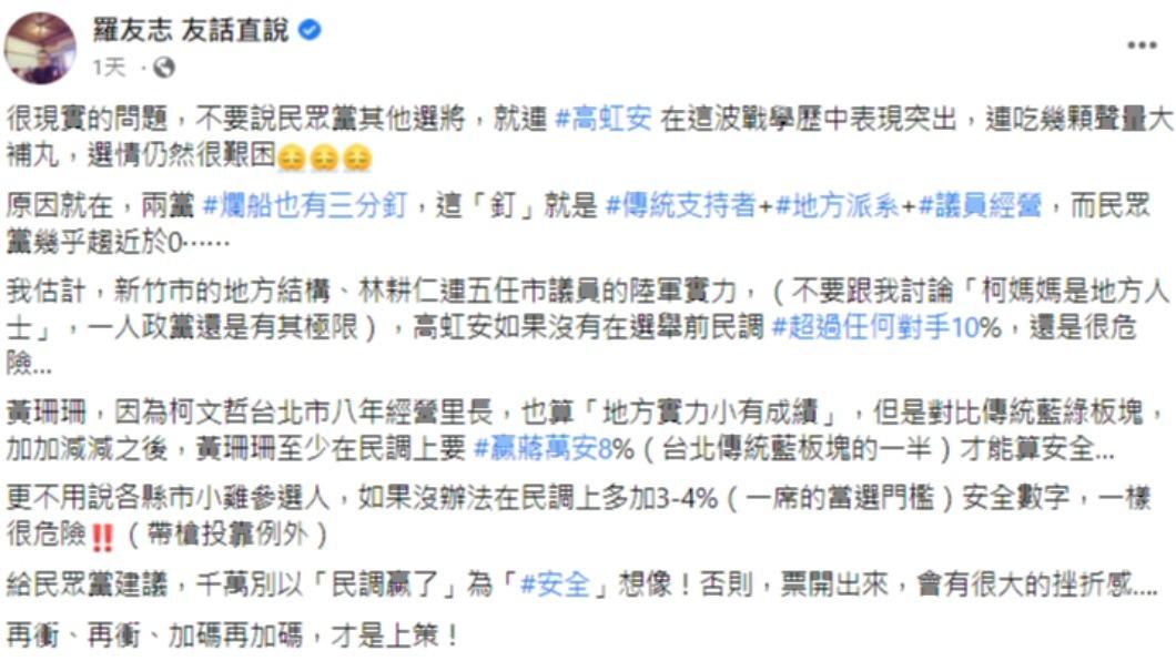 羅友志向民眾黨喊話。(圖/翻攝自羅友志 友話直說臉書)