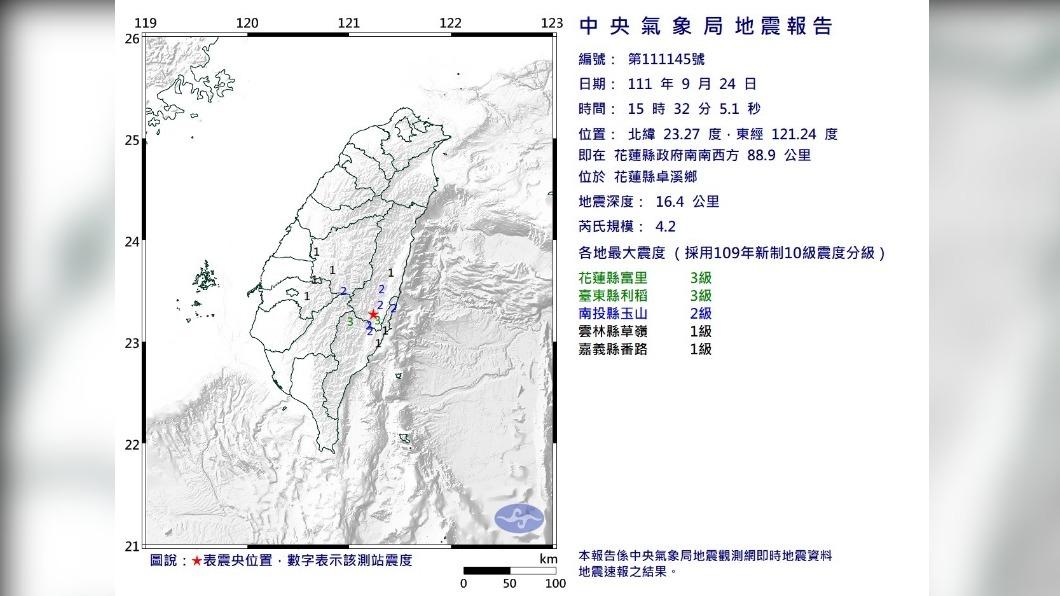 中央氣象局地震報告。(圖/中央氣象局)