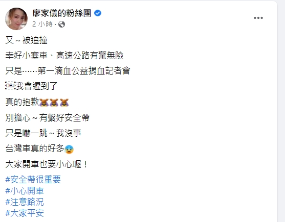 廖家儀在高速公路被追撞。(圖/翻攝自廖家儀臉書)