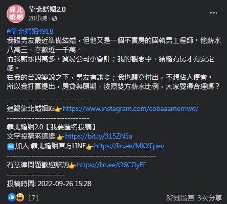 女網友發文抱怨,與男友在買房上無共識。(圖/翻攝自靠北婚姻2.0臉書)