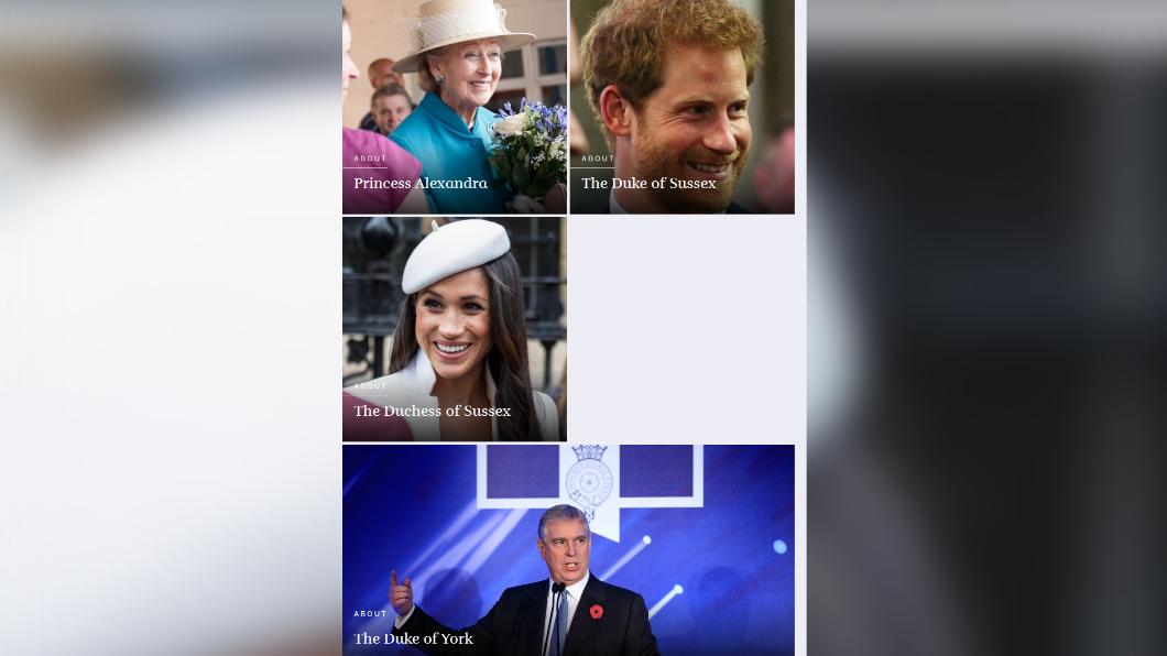 哈利梅根在官網的順位被移到近乎最下方。(圖/翻攝自royal.uk)