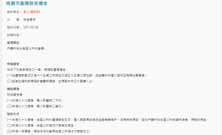 桃園市政府今日發放重陽禮金。（圖／翻攝自桃園市政府社會局官網）