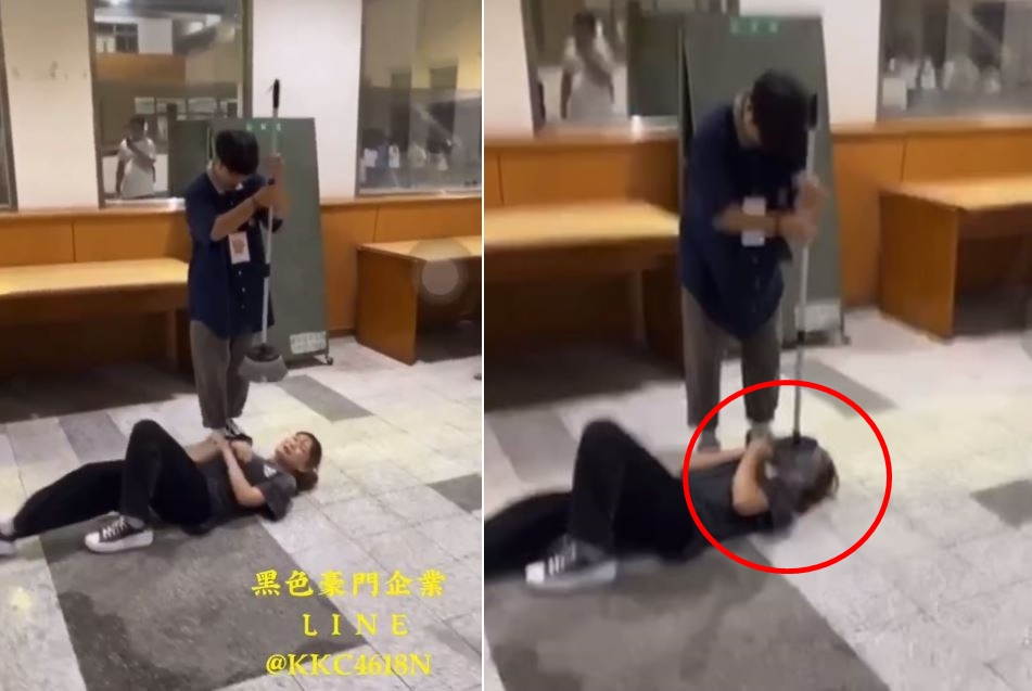 拖把直接往女同學臉上洗上去。（圖／翻攝自黑色豪門企業臉書）