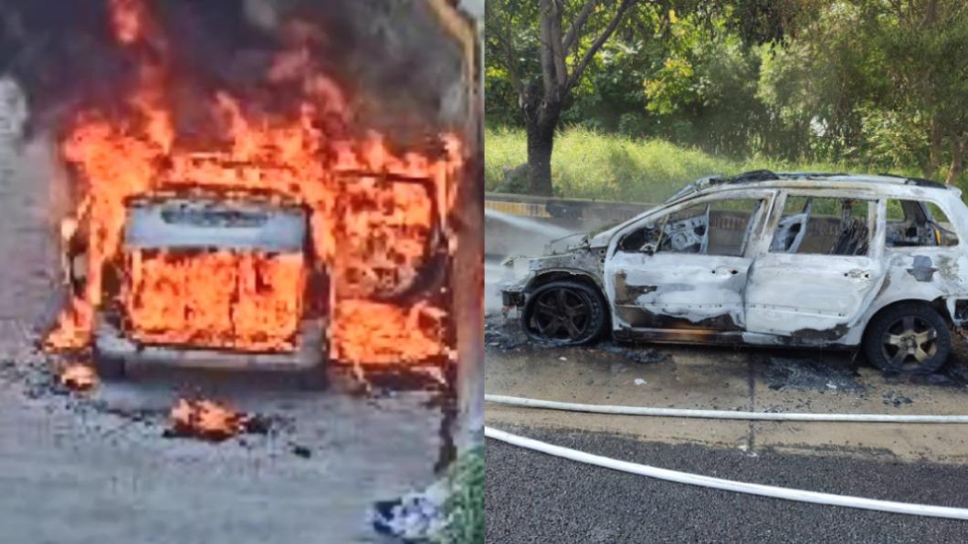 國1中壢路段火燒車!駕駛聞焦味下秒起火 燒到剩骨架