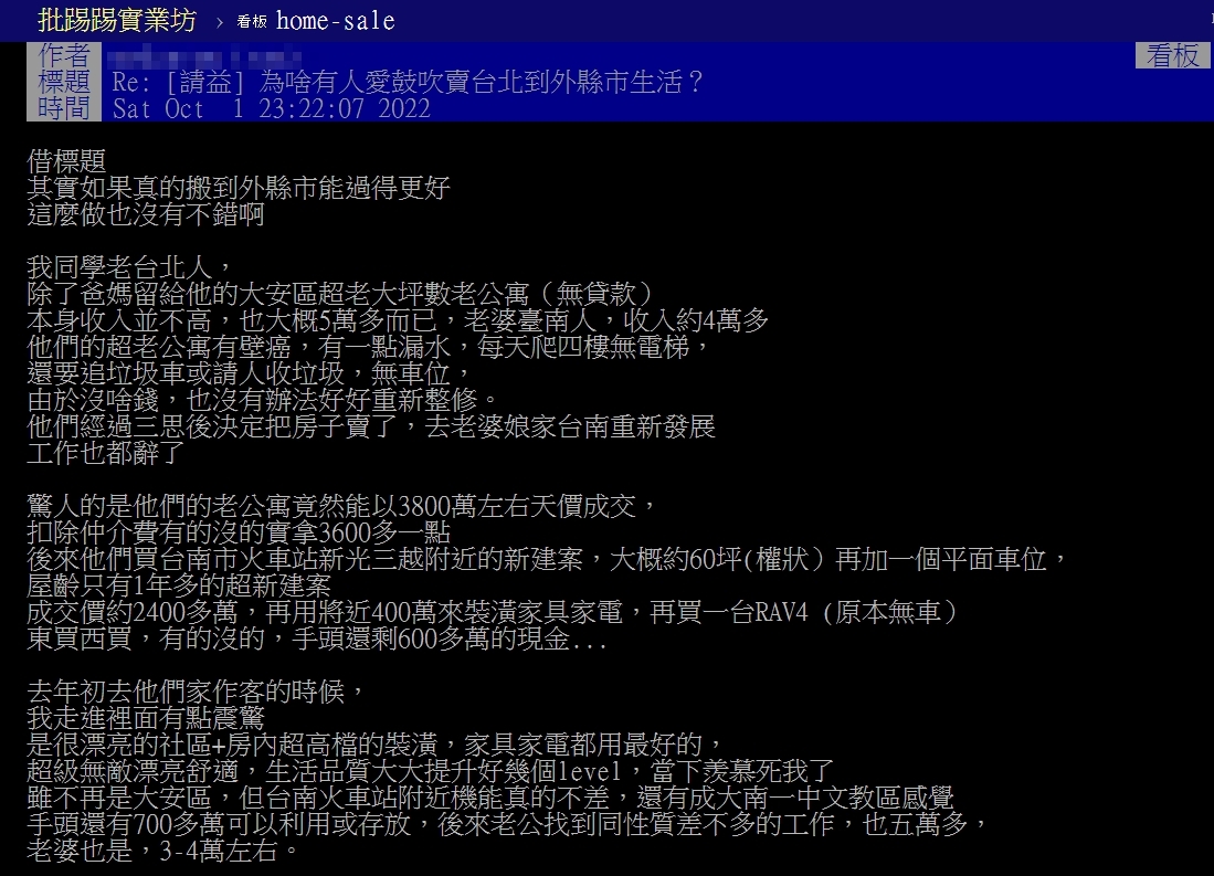 台北市男子婚後遷居台南。(圖/翻攝自PTT)