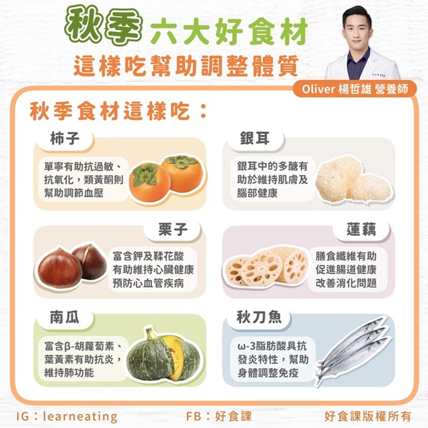 楊哲雄營養師分享六大秋季好食材。(圖/好食課授權提供)
