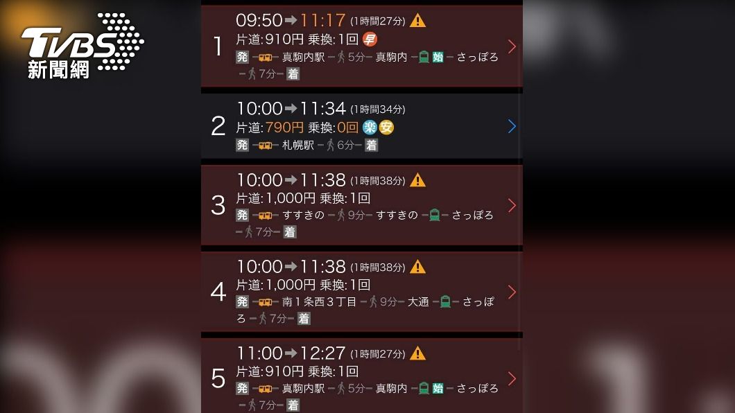 北海道班車受到警報影響,出現延遲的狀況。(圖/民眾提供)