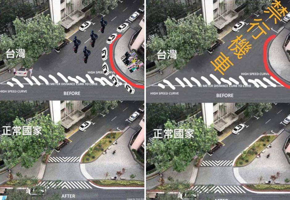 有車輛違停、攤販擺攤、禁行機車是台灣道路日常。(圖/我是台灣行人 I’m a pedestrian in Taiwan)