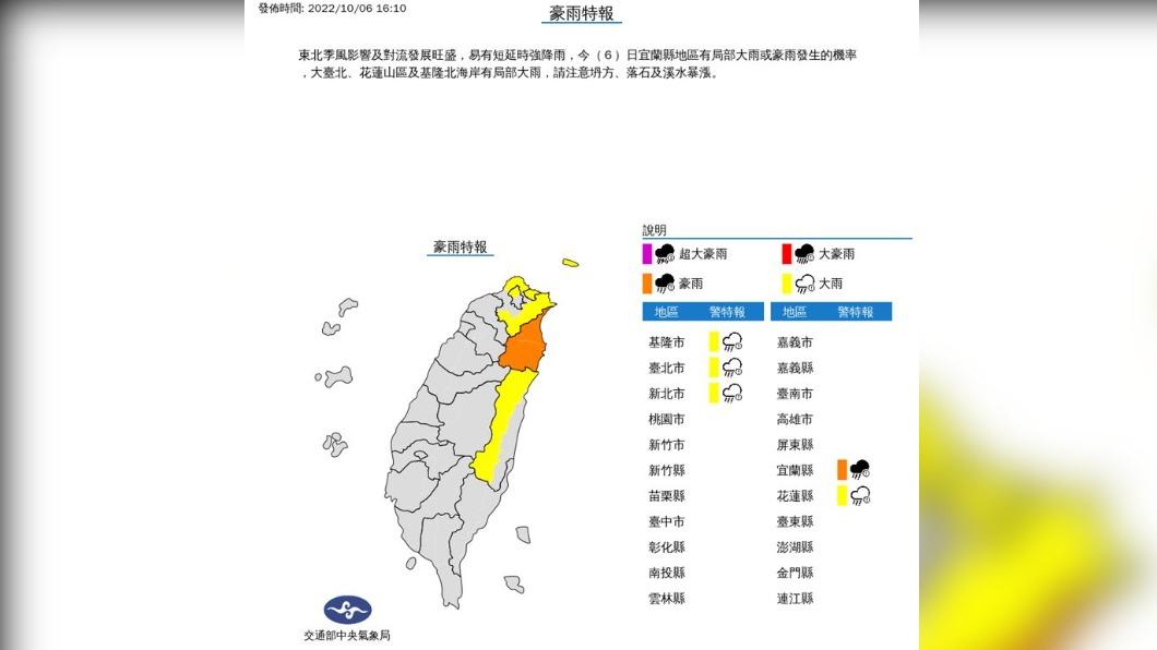 氣象局發布豪雨特報。(圖/翻攝自氣象局)
