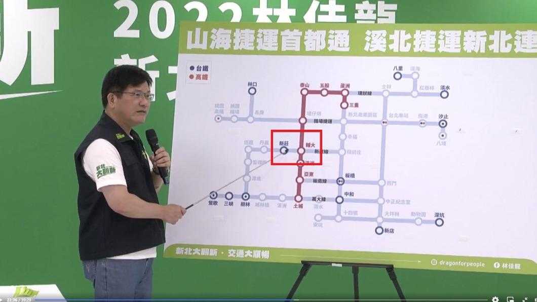 民進黨新北市長參選人林佳龍日前舉辦「首都捷運政策計畫」記者會,將輔大及新莊站位置顛倒。(圖/侯友宜選舉辦公室提供)