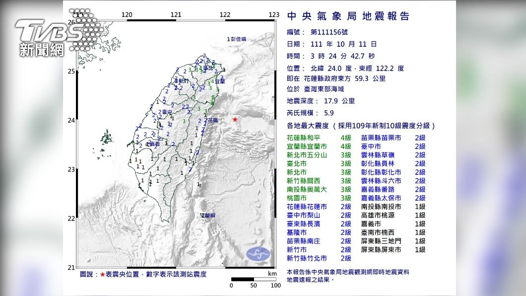 東部規模5.9地震　宜花最大震度4級　地震中心09:00說明