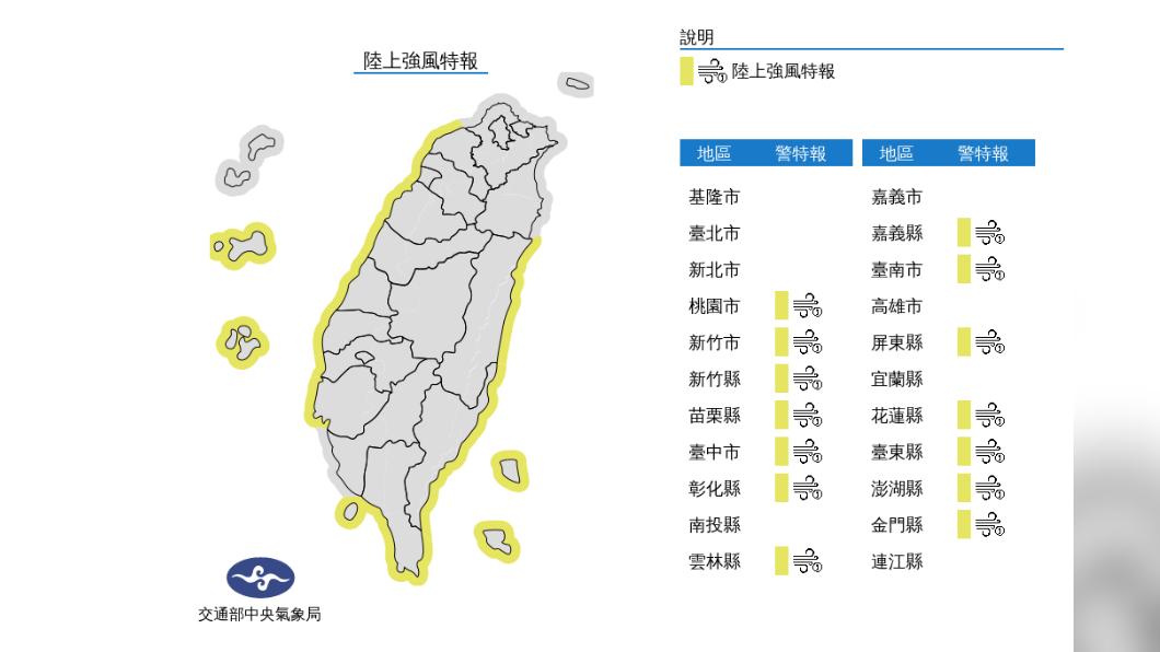 氣象局今晨發布陸上強風特報。（圖／中央氣象局）