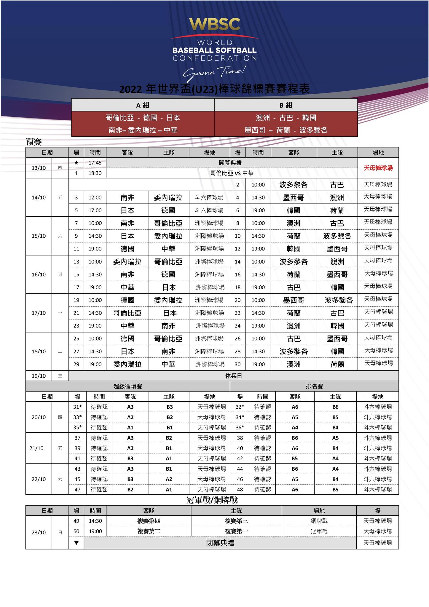 本屆賽事時程表。（圖／翻攝自中華民國棒球協會臉書粉絲團）