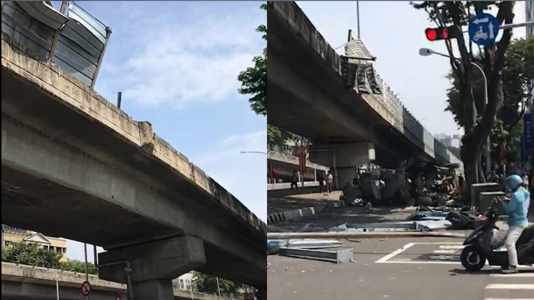 高雄水泥車衝破高架護欄!整台掉路面 駕駛身亡、祖孫遭波及