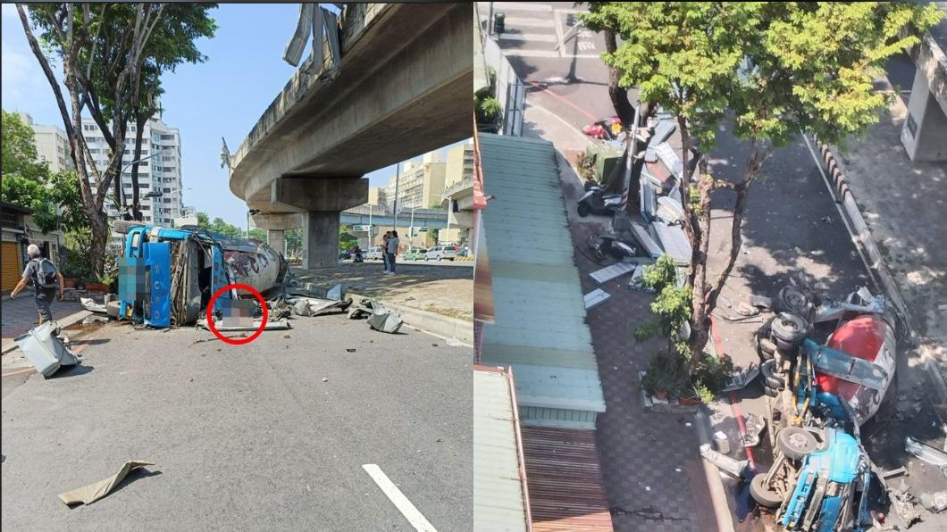 快訊/高雄水泥車衝破高架護欄。(圖/翻攝自南部記者爆料網)