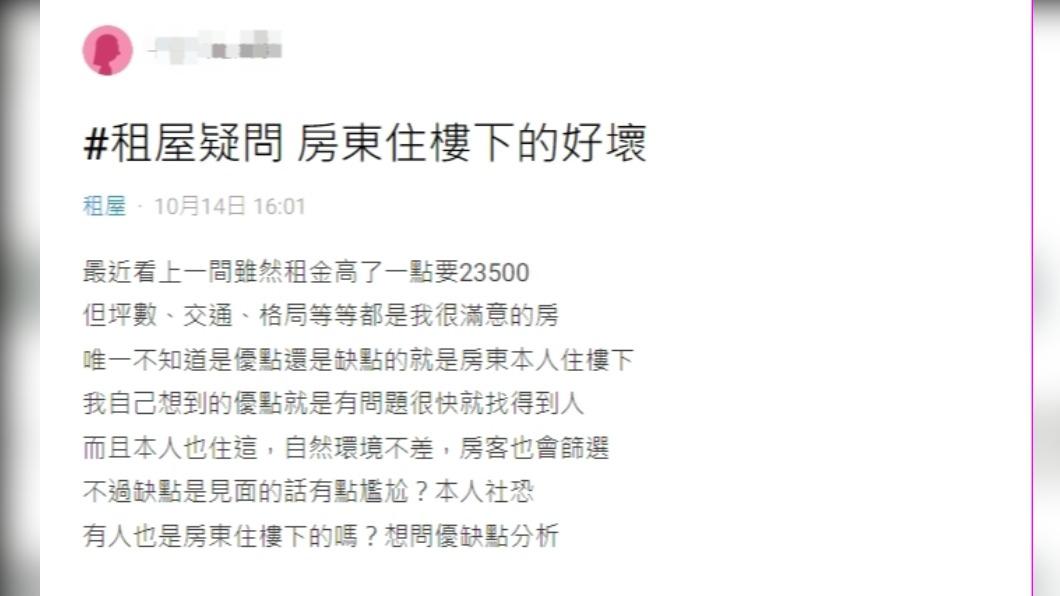 租房遇到房東住樓下,網友好奇究竟是優點還是缺點。(圖/翻攝自Dcard)