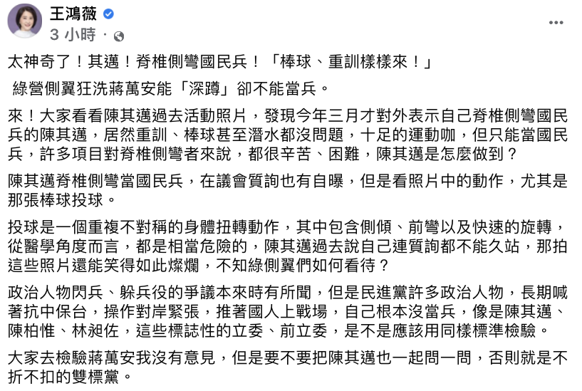 王鴻薇批綠營雙標。(圖/翻攝自王鴻薇臉書)