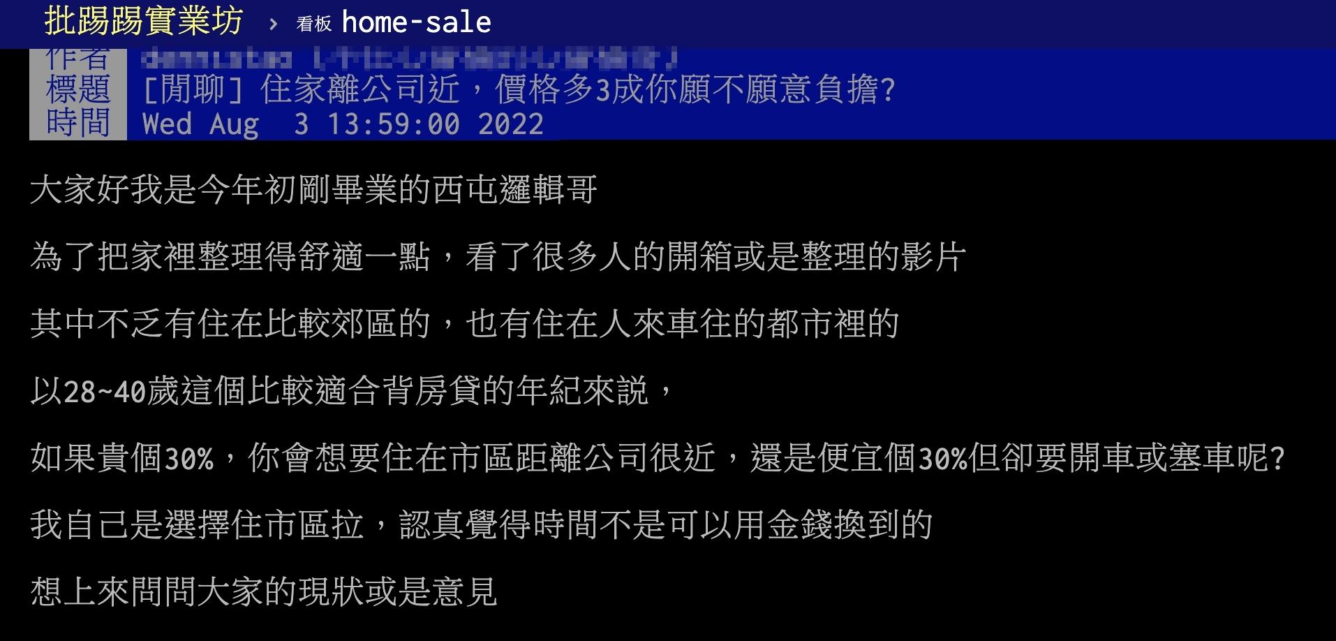原PO好奇「房價貴離公司近與房價便宜三成要開車」要選哪個?(圖/翻攝自PTT)