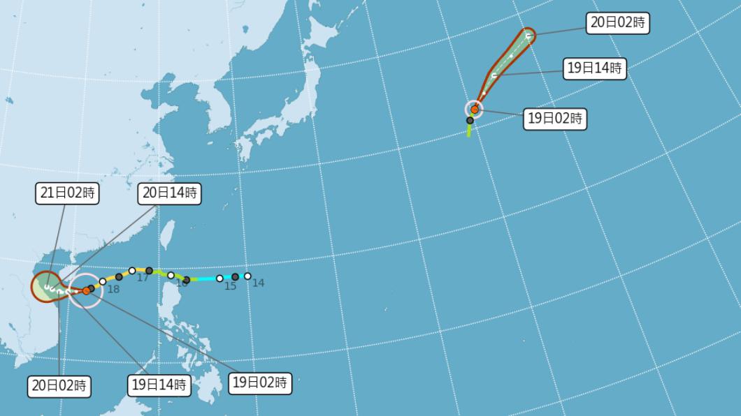 輕颱「尼莎」和「海棠」路徑。(圖/中央氣象局)