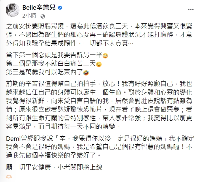 辛樂兒公開懷孕的好消息。(圖/翻攝自辛樂兒臉書)