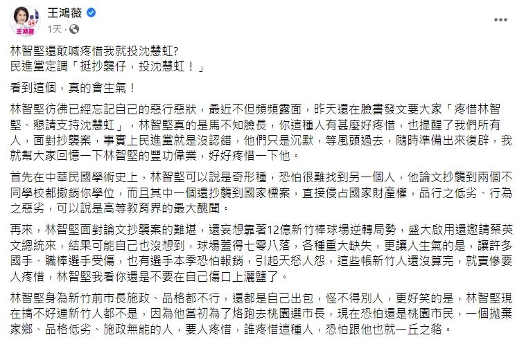 國民黨台北市議員王鴻薇怒批林智堅。(圖/翻攝自王鴻薇臉書)