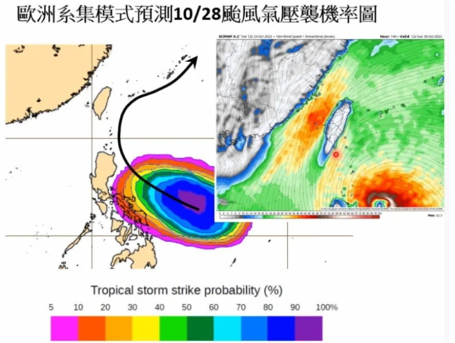 歐洲系集模式預測10/28颱風氣壓襲機率圖。（圖／翻攝自YouTube Hsin Hsing Chia）