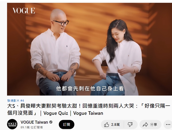 大S說「他都會先刺在自己身上,覺得不錯才刺我」。(圖/翻攝《VOGUE》YouTube頻道)
