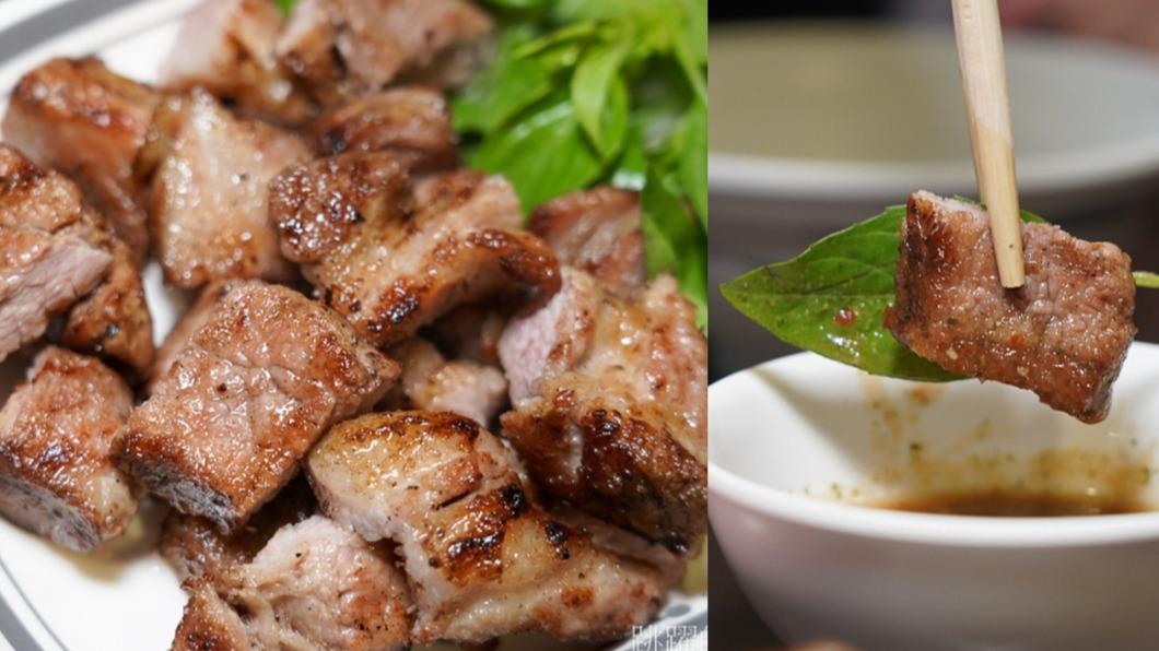 肥瘦相間的梅花肉，搭配老闆從泰國學回來的醬料超銷魂。（圖／跳躍的宅男提供）