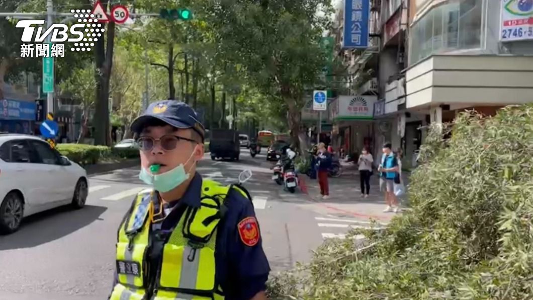 松山區驚傳路樹倒塌,警方在現場交管。(圖/TVBS)