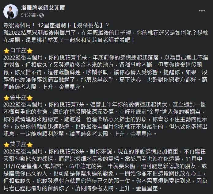 艾菲爾整理出12星座年底的桃花運。（圖／翻攝自艾菲爾臉書）
