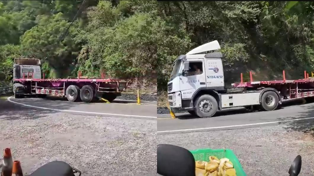霧台曳引車暴力開路，危險畫面曝。（圖／翻攝自重機車友 ❘ 各區路況天氣、資訊分享中心）