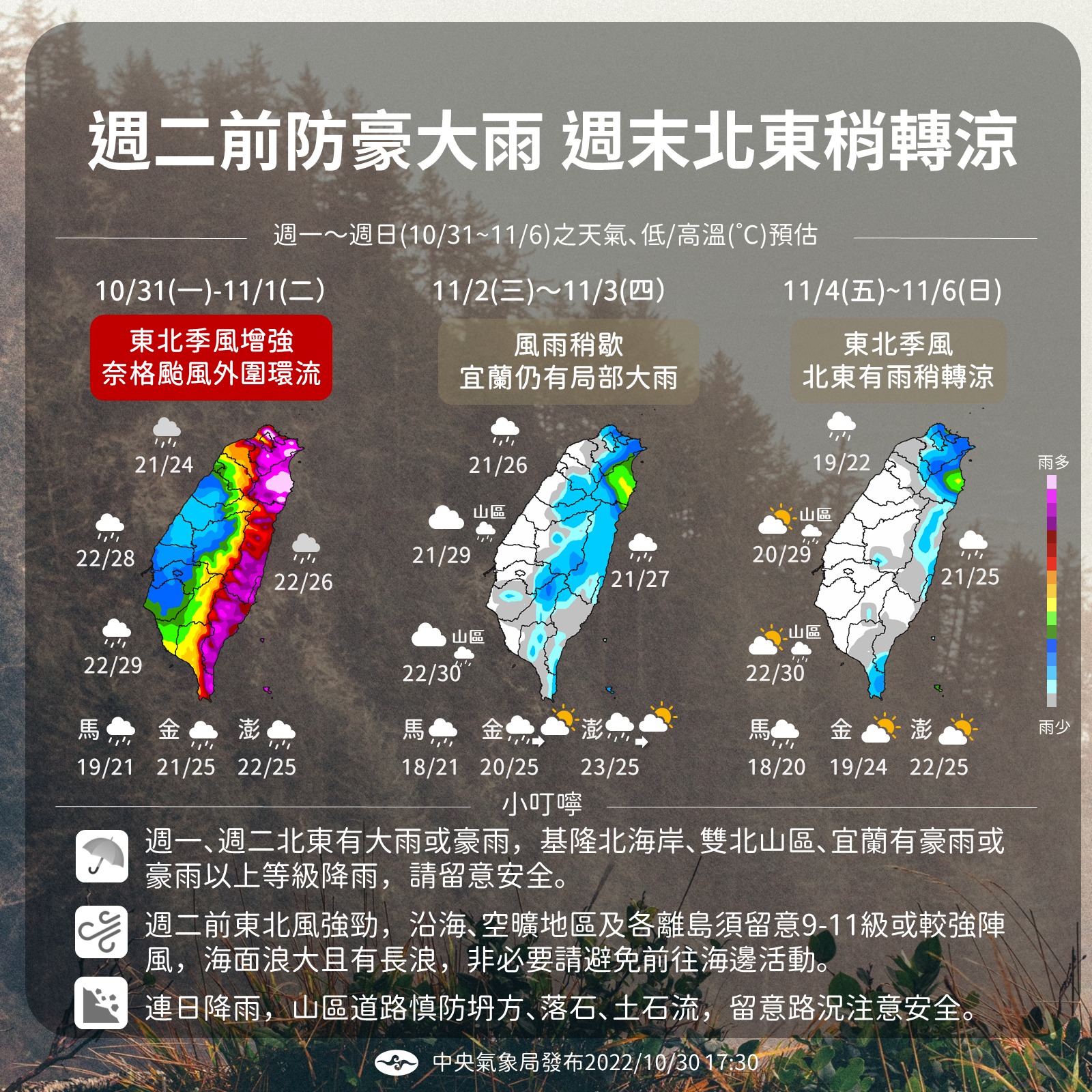 下週二前,大台北山區和宜蘭將可能出現豪降雨。(圖/中央氣象局)