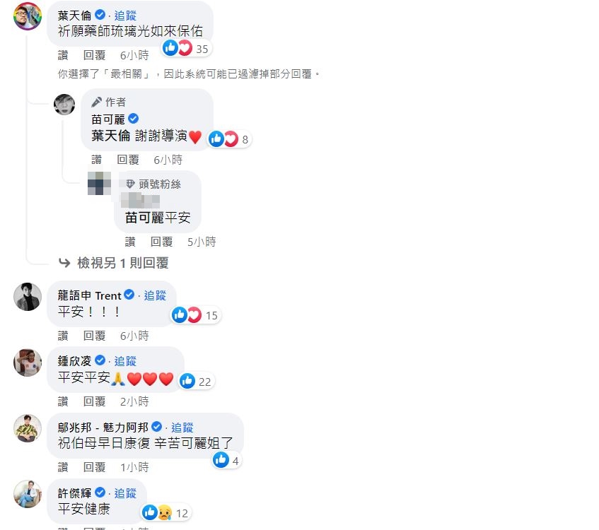 藝人、粉絲湧入幫集氣。(圖/翻攝自苗可麗臉書)