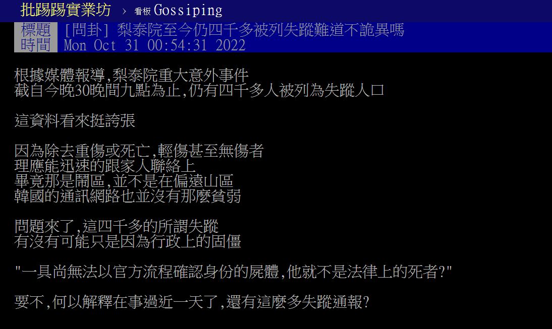 梨泰院踩踏事件目前失蹤人數逾4千,原PO直呼詭異。(圖/翻攝自PTT)