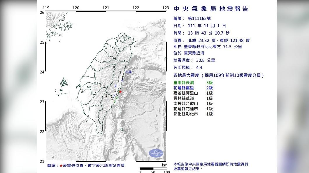 台東近海發生4.4地震。（圖／中央氣象局提供）