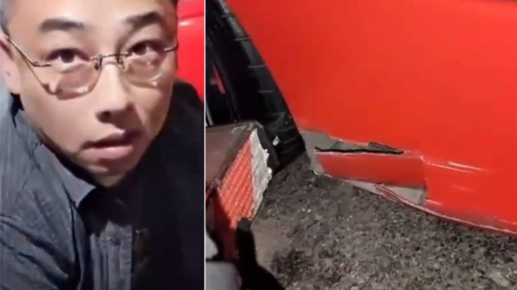 馬王右後輪與車側下方嚴重損毀,車體鈑件還整片脫落,華子直接嚇到傻眼。(圖/翻攝自微博)