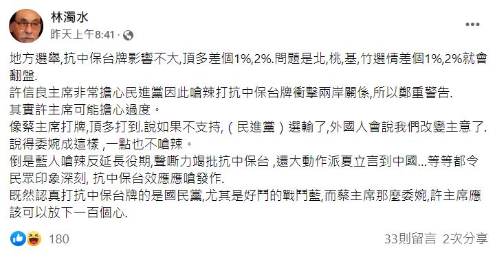 林濁水認為拿抗中保台策略打地方選舉效果不大。(圖/翻攝自林濁水臉書)