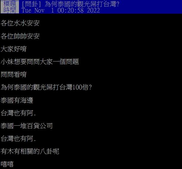 網友好奇為何台灣的觀光遠趕不上泰國。(圖/翻攝自PTT)