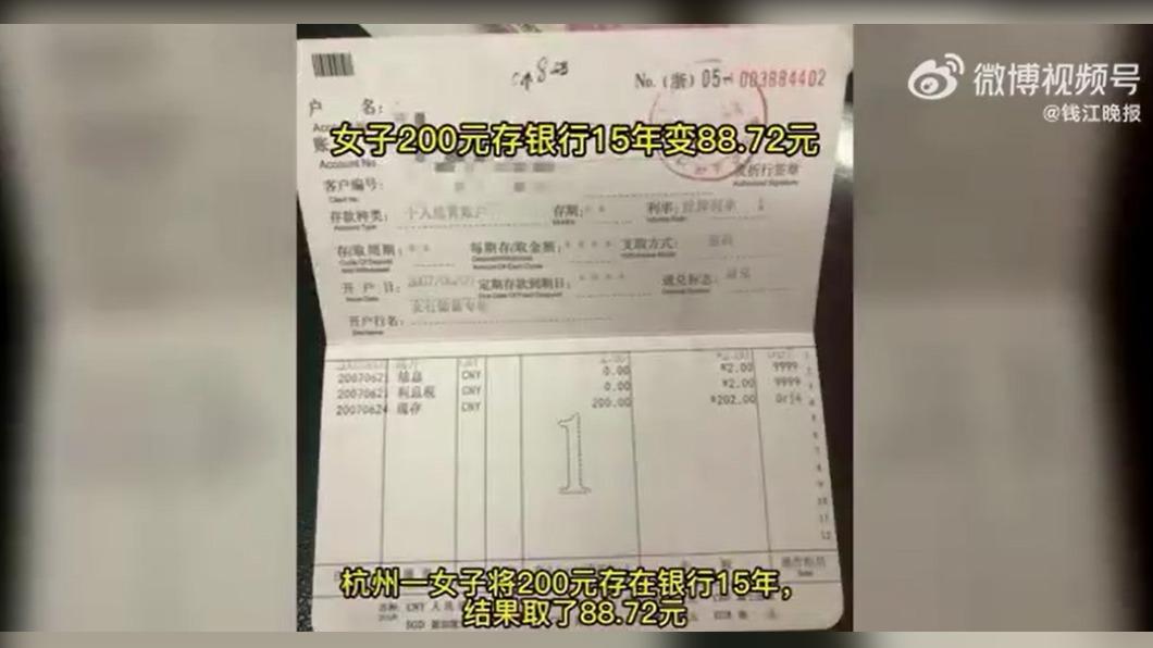 金女原先存入的202元如今只剩88.72元。（圖／翻攝自微博）