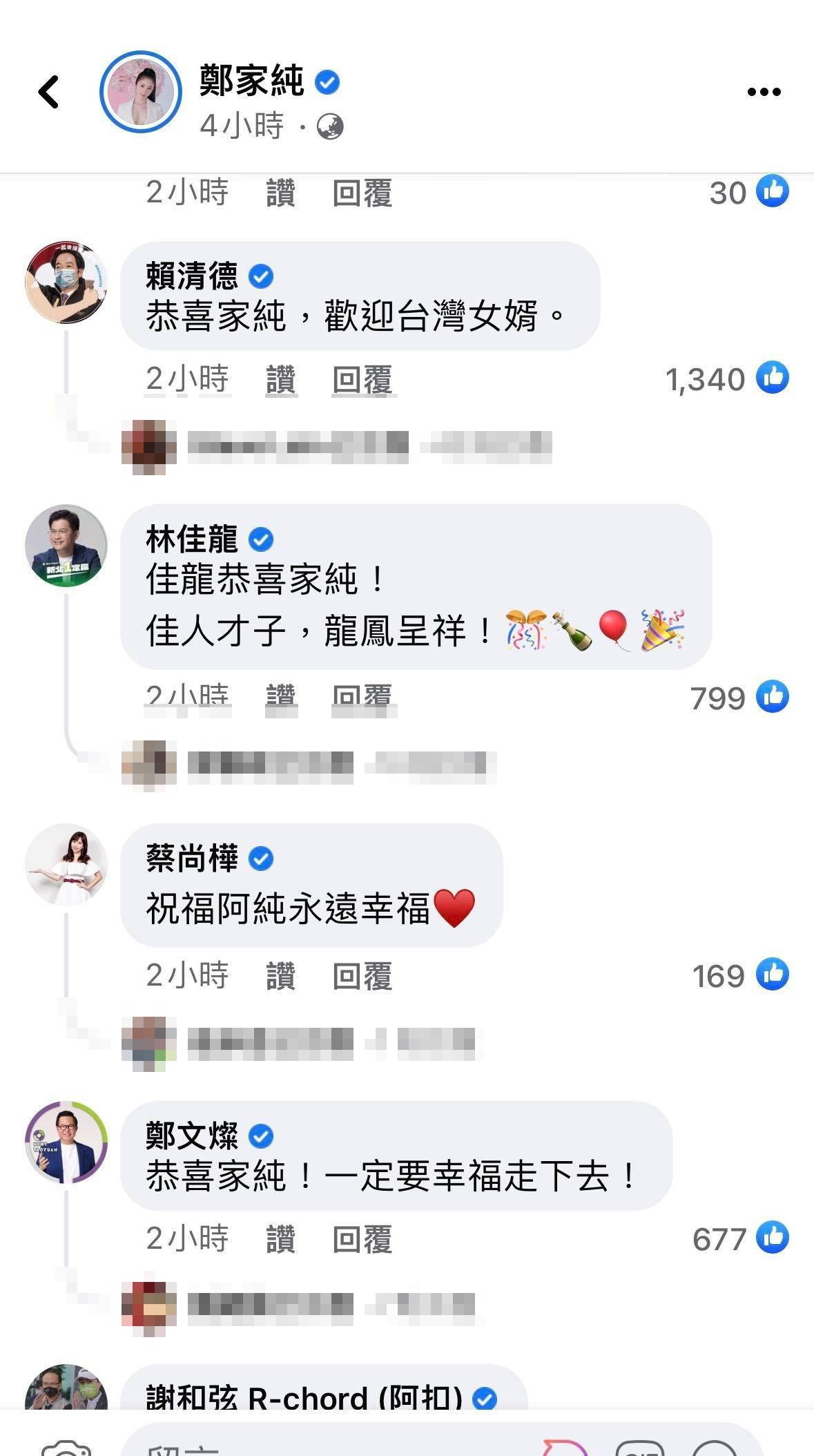綠營大咖,搶著祝賀新人。(圖/翻攝雞排妹臉書)