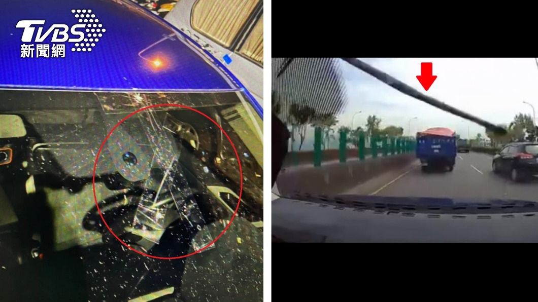 奪命一瞬間！尖銳鐵條狠砸前擋玻璃　駕駛驚魂險閃過