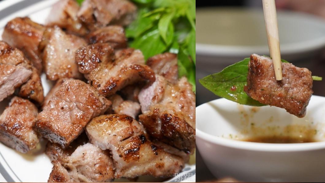 肥瘦相間的梅花肉，搭配老闆從泰國學回來的醬料超銷魂。（圖／跳躍的宅男提供）  