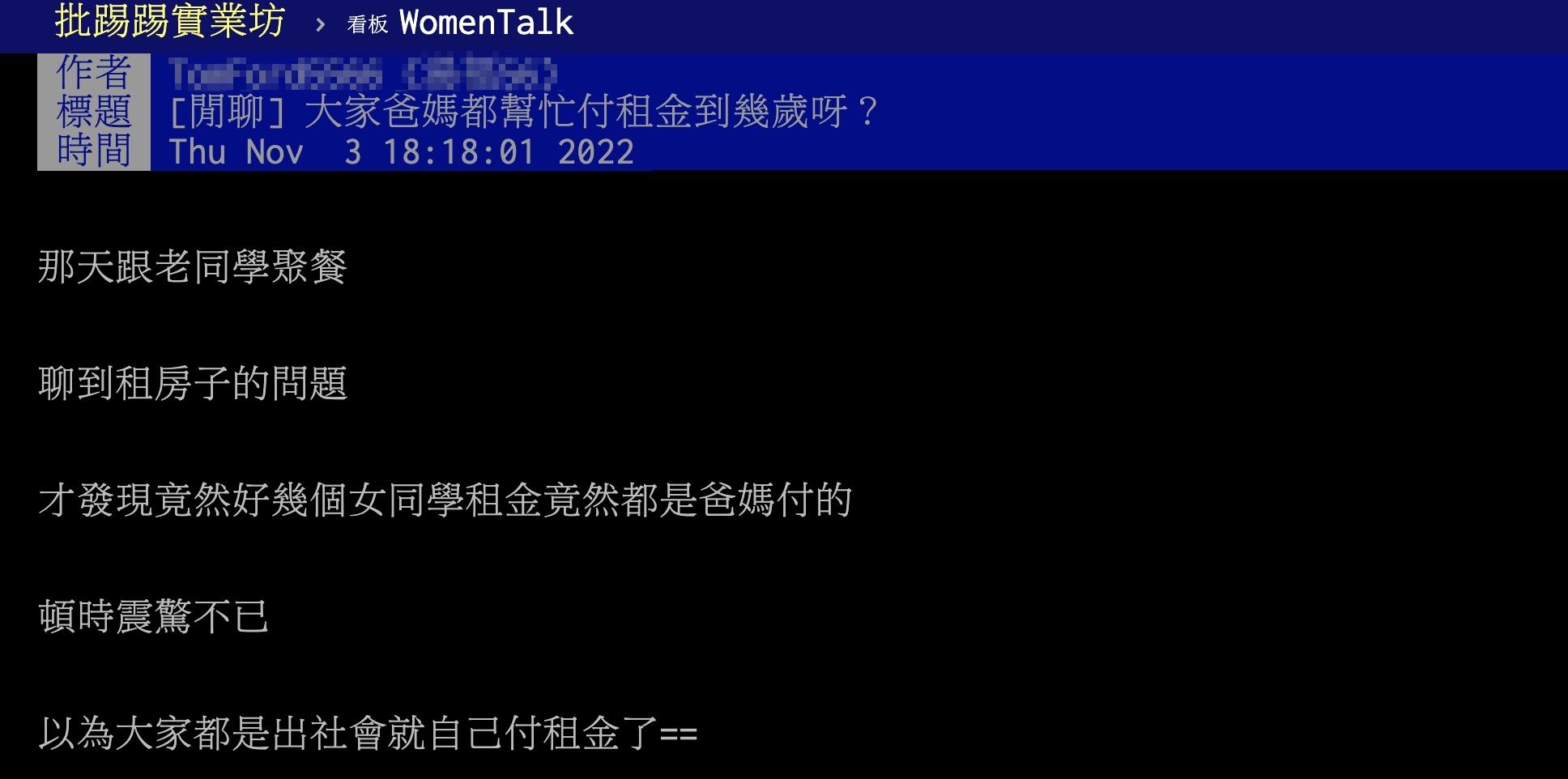 原PO好奇「大家爸媽都幫忙付租金到幾歲?」(圖/翻攝自PTT)